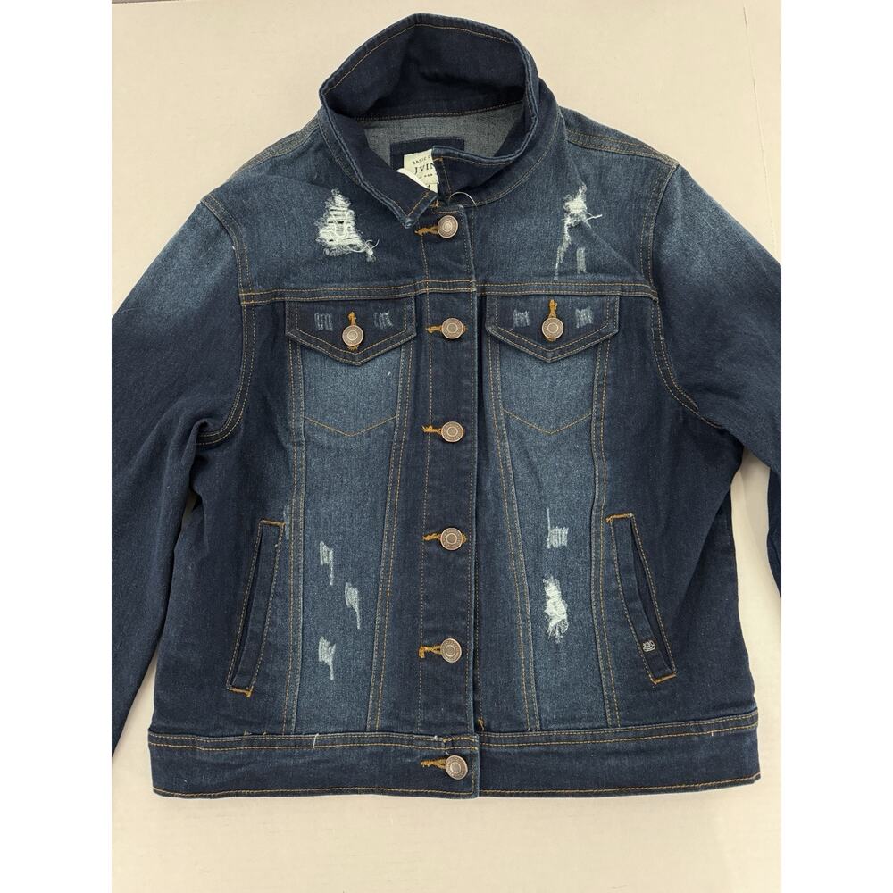 Jvini Denim Jacket Women’s Sz M Dark Wash Distressed Button Pockets Casual - Picture 2 of 14